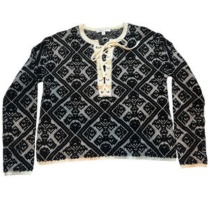 Vintage Piperlime Jacquard Knit Lace-Up Neck Sweater Black/White Women’s Small